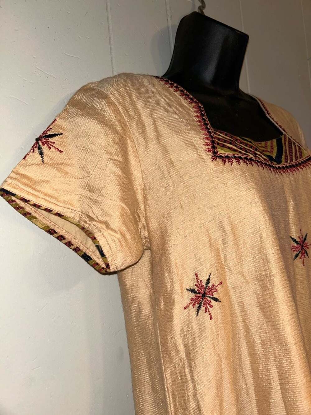 Vintage Gold Silk Embroidered Boho Tunic Dress with Star Motif and Side Slits